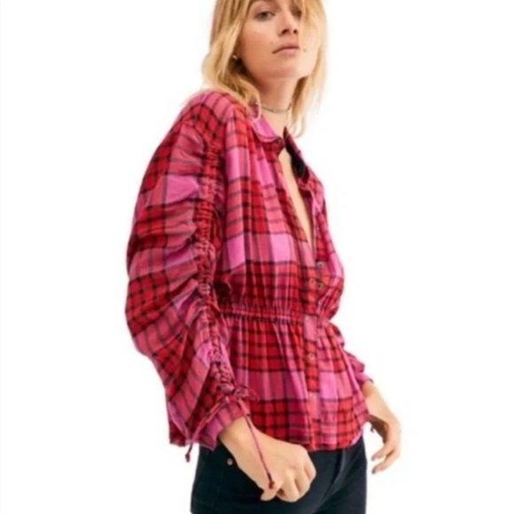 Free People Tops - FREE PEOPLE COTTAGECORE WE THE FREE PINK RED PLAID DAWN SHIRT BLOUSE XL $118 NWT